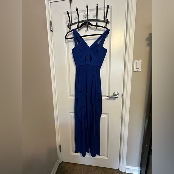 Size 0 BCBG Royal Blue ruffled hem dress with 2 front slits and cutouts - Picture 6 of 9